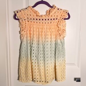 Anthropologie Ollari Peach to light blue Eyelet Ruffle Blouse size Small